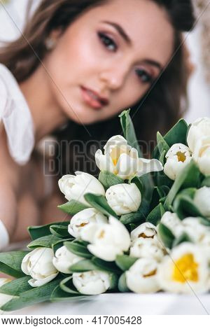 Wedding Bouquet Of White Tulips. Wedding Day