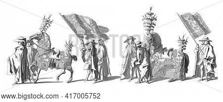 The horses of bataille and parade and the bearers of the great standard and the banner of the stadholder. In the margin the caption in Dutch, French and English, vintage engraving.