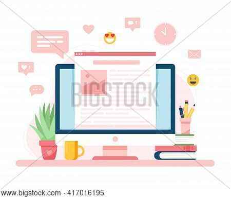 Blogging Concept, A Screen With Text On It. Vector Illustration In Flat Style