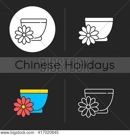 Chrysanthemum Tea Dark Theme Icon. Double Ninth Festival. Flower-based Infusion Drink. Traditional M