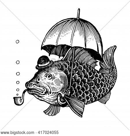 Fish With An Umbrella, In A Bowler Hat And Smoking A Pipe, Vector Illustration. Drawing With An Ink 