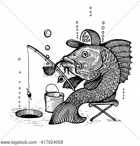 A Fish With A Cap And A Smoking Pipe Is Fishing With A Fishing Rod, Vector Illustration. Drawing Wit