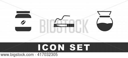 Set Coffee Jar Bottle, Cigarette And Pour Over Coffee Maker Icon. Vector