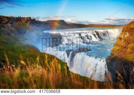Gullfoss Waterfall And The Olfusa River In Southwest Iceland With A Rainbow
