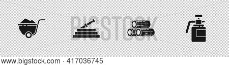 Set Wheelbarrow With Dirt, Garden Hose Or Fire Hose, Wooden Logs And Sprayer For Fertilizer Icon. Ve