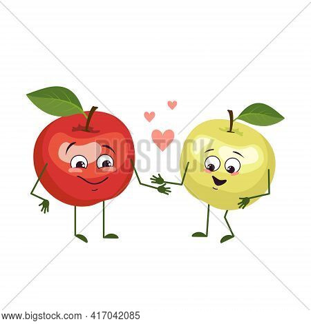Cute Apples Characters With Love Emotions, Face, Arms And Legs. The Funny Or Happy Heroes, Green And