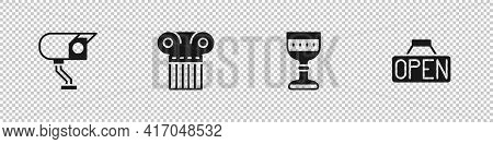 Set Security Camera, Ancient Column, Medieval Goblet And Hanging Sign With Open Icon. Vector