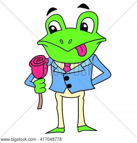 A Well Dressed Romantic Frog Carrying A Rose Is Ready For A Date. Vector Illustration Art, Doodle Ic