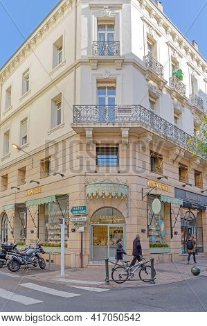 Cannes, France - February 1, 2016: Famous Upscale Bakery Laduree Specializing For French Macarons In