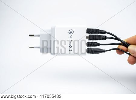 Adapter Charger With Multiport Usb Ports Isolated On White Background
