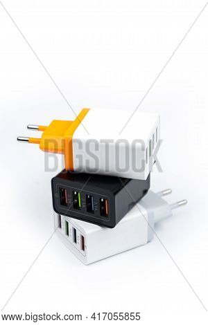 Adapter Charger With Multiport Usb Ports Isolated On White Background