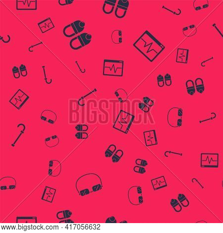 Set Eyeglasses, Slippers, Walking Stick Cane And Monitor With Cardiogram On Seamless Pattern. Vector