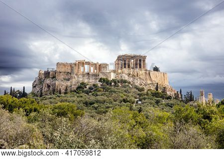 Athens, Greece, Acropolis Hill, Cloudy Sky Background