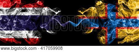 Thailand, Thai Vs Ingrian People Smoky Mystic Flags Placed Side By Side. Thick Colored Silky Abstrac