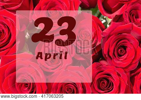 April 23th. Day Of 23 Month, Calendar Date. Natural Background Of Red Roses. A Bouquet Of Dark Red R