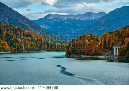 Sylvensteinsee lake view from Sylvensteinsee dam in Bavaria, Germany