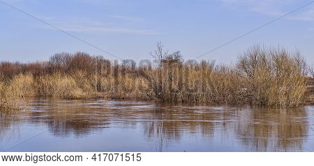 Spring Flood On The Siberian River Vagai, Russia. Beautiful Countryside Landscape. Flooded Bushes An