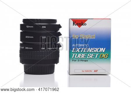IRVINE, CALIFORNIA - 16 MAY 2020: A set of 3 Kenko Extension Tubes for digital cameras, with Nikon Mount. 