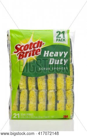 IRVINE, CALIFORNIA - APRIL 5, 2018: Scotch-Brite Heavy Duty Scrub Sponges. Scotch-Brite is a line of abrasive products produced by 3M. 