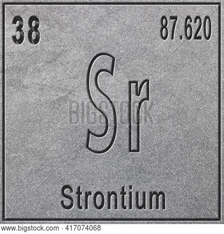 Strontium Chemical Element, Sign With Atomic Number And Atomic Weight, Periodic Table Element, Silve