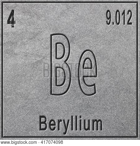 Beryllium Chemical Element, Sign With Atomic Number And Atomic Weight, Periodic Table Element, Silve