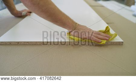 One Of The Stages Of Packaging Furniture In The Furniture Industry. Furniture Packed In A Box. Stock