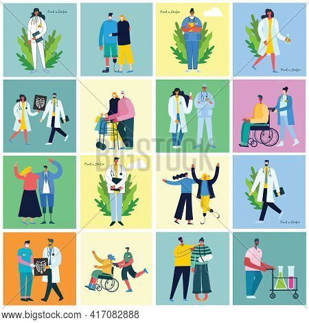 Vector Background With Disabled People, Young Handycap Persons And Friends Near Helping. World Disab