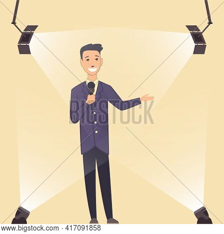 Television Show. Young Presenter Or Performer On A Standup Show On Stage. Man In Classic Style Cloth