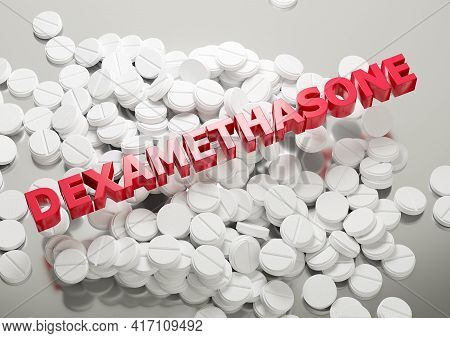 Corticosteroid Medication Drug Dexamethasone, Pile Of White Pills With Letters. 3d Illustration