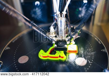 3d printer head in action, close-up view
