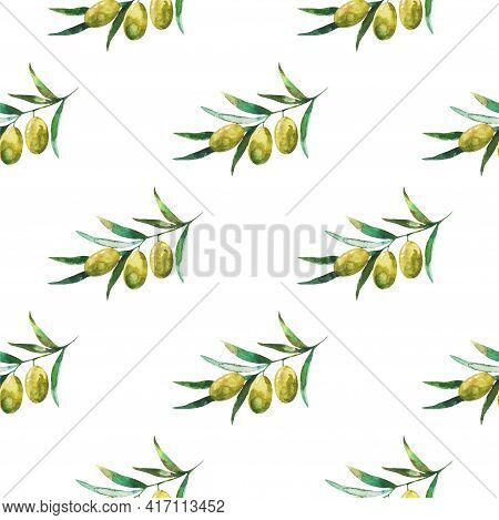 Seamless Pattern With Olive Branches And Olives. Watercolor Hand Drawing