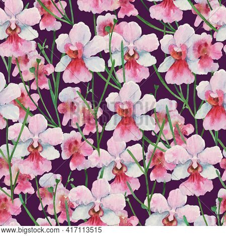 Seamless Pattern With Orchid Vanda Miss Joaquim, National Singapore Flower. Watercolor Painting.