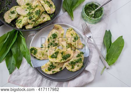 Pierogi Ruskie, Baked Dumplings Stuffed With Curd Cheese And Potatoes And Wild Garlic