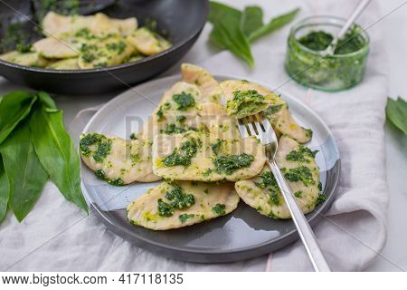 Pierogi Ruskie, Baked Dumplings Stuffed With Curd Cheese And Potatoes And Wild Garlic