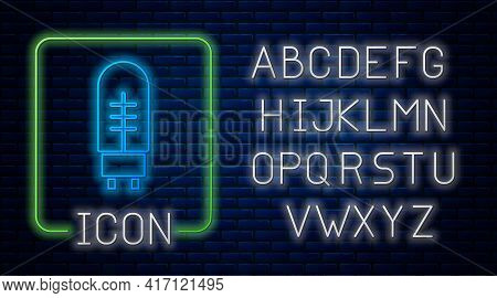 Glowing Neon Light Emitting Diode Icon Isolated On Brick Wall Background. Semiconductor Diode Electr