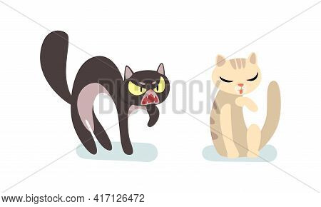 Comic Cat As Four-footed Domestic Pet Animal Sitting And Standing Vector Set