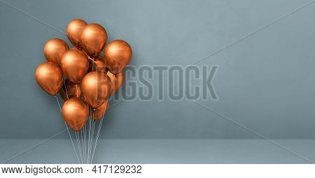 Copper Balloons Bunch On A Grey Wall Background. Horizontal Banner. 3d Illustration Render
