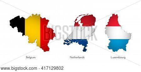 Vector Illustration Set With Isolated Silhouettes Of Benelux Union Map Simplified Shapes . National 