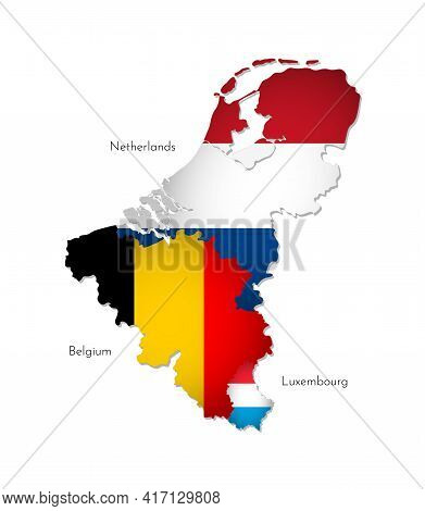 Vector Illustration With Isolated Silhouettes Of Benelux Union On Map Simplified Shape . National Fl