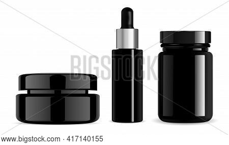 Black Cosmetic Bottle, Cream Jar, Serum Dropper, Pill Bottle. Gloss Glass Beauty Package, Vector Fac