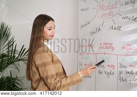 English Teacher Giving Lesson On Modal Verbs Near Whiteboard In Classroom