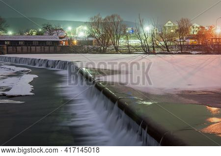 Landscape Of The Evening Winter River In The Place Of The Dam