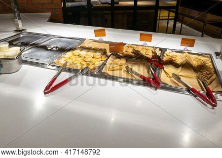 Curd Cakes, Curd Cakes, Pancakes On The Distribution Line, Self-service Restaurant. Copispace