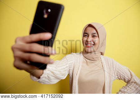 Woman Muslim Wearing Hijab Happy Selfie With Phone