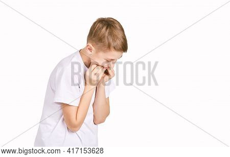 Children Portrait In White T-shirt. Studio Isolated Concept. Toothache Problem. Dental Care. Bad Fac