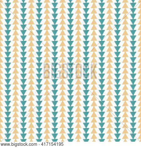 Scribbled Yellow Teal Triangle Stripes On White Background. Seamless Vector Pattern.
