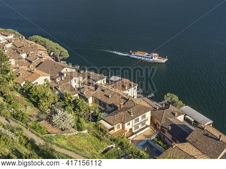 Morcote, Switzerland - April 8, 2021: The Picturesque Village Of Morcote In Ticino At The Lake Lugan