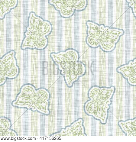 Seamless Linen Butterfly Blockprint Pattern Background. Calm Pale Tonal Pastel Color Wallpaper. Simp