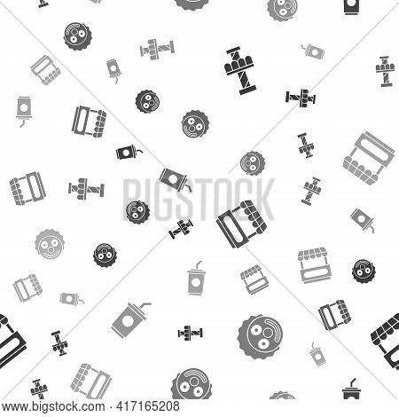 Set Attraction Carousel, Clown Head, Fast Street Food Cart And Paper Glass With Water On Seamless Pa