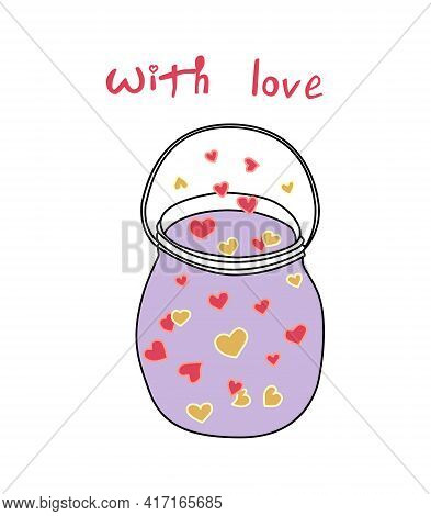 Vector Illustration For Valentine's Day With Hearts In A Glass Jar, Simple Flat Style. Perfect For G